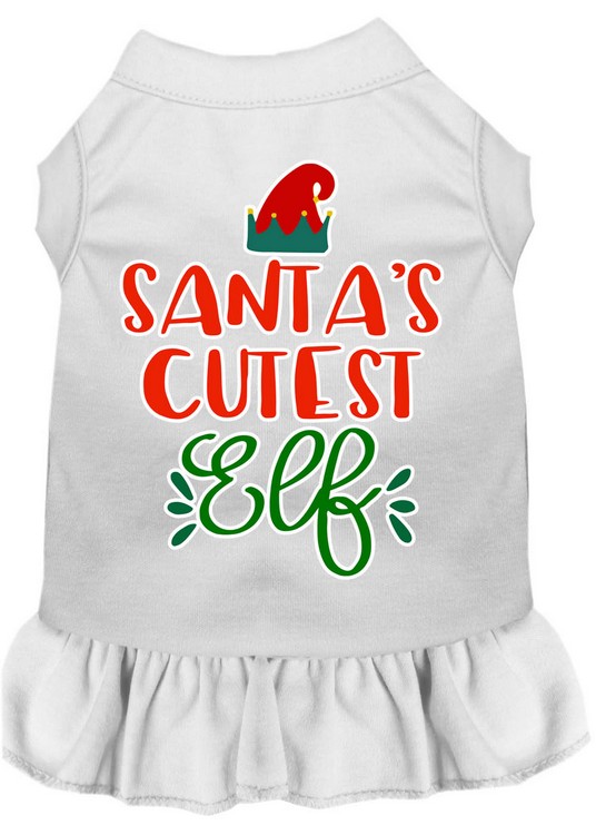 Santa's Cutest Elf Screen Print Dog Dress White Lg